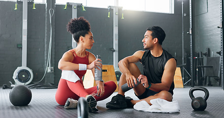 Image showing Personal trainer man, woman gym and exercise plan with.a fitness instructor training routine, body and healthy cardio sports workout. Athlete exercising, health wellness and strong mental motivation