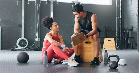 Image showing Personal trainer man, woman gym and exercise plan with.a fitness instructor training routine, body and healthy cardio sports workout. Athlete exercising, health wellness and strong mental motivation