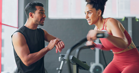 Image showing Fitness couch, gym athlete and training time of a woman workout and man with a sports watch. Exercise, motivation and health cardio together for wellness and healthy living in a coaching class