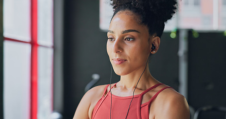 Image showing Black woman, breathe and earphones for music with fitness and exercise ready in gym, health and active motivation. Start, workout and calm for body training and endurance, wellness and listening.