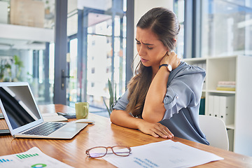 Image showing Stress, problem and business woman with neck pain, anxiety or posture issue in office. Burnout, fatigue and financial advisor suffering injury, arthritis or fibromyalgia while checking tax documents