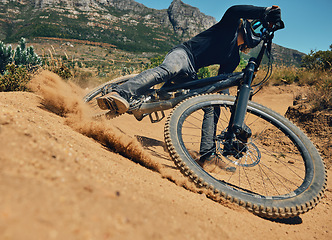 Image showing Cycling, action and extreme sports with man on mountain bike for adventure, fitness and adrenaline junkie. Exercise, risk and fast with male athlete in nature for workout, training and speed