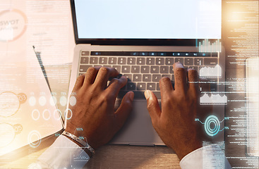 Image showing Digital, chart and laptop with hands of black man in office for overlay, planning and data graphics mockup. Research, planning and business with male typing for internet, strategy and technology