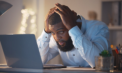 Image showing Stress, worry and black man on laptop at night working late on project deadline, online glitch and problem. Burnout, business and male worker with worried, frustrated and stressed face on computer
