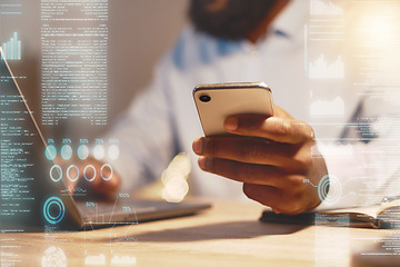 Image showing Businessman, phone and hands on laptop in analytics at night for corporate data, statistics or dashboard at office. Hand of black man working on smartphone and computer in company analysis on overlay