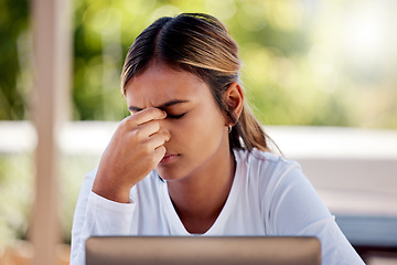 Image showing Headache, laptop and study with woman on college campus for education, stress and research. Migraine, overworked and mental health with student in outdoors for frustrated, tired and problems