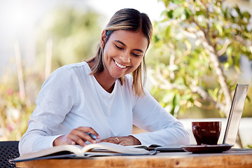 Image showing Woman writing notes, student and education with smile, study and academic course, learning and university. Female at outdoor cafe, notebook and pen with scholarship and research for school project