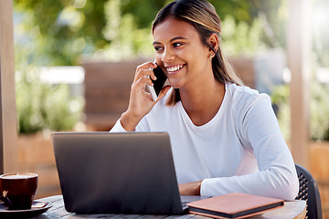 Image showing Study, phone call and laptop with Indian woman at cafe for remote learning, communication and online exam. Contact, technology and college with student at coffee shop for education, project or school