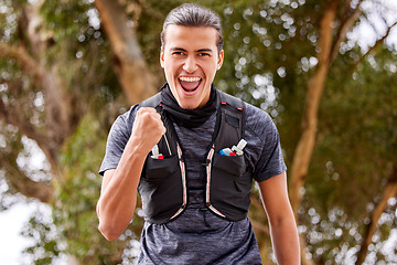 Image showing Fitness, man and portrait smile in celebration for winning, achievement or accomplishment in nature. Happy and excited active male smiling for hiking, workout or exercise success for victory or win