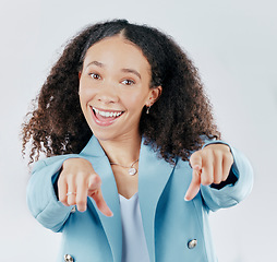 Image showing Happy, excited and portrait of woman pointing to you with joy for deal or sale isolated in a studio white background. Joy, celebrate and businesswoman with selection, choice or decision hand gesture