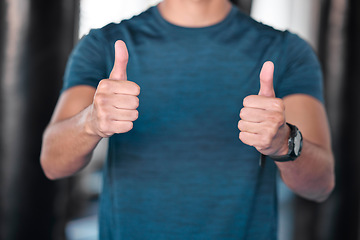 Image showing Fitness, thumbs up and hands in gym for success, motivation and workout. Training, emoji and man or male athlete with hand gesture for yes, like or approval, agreement or ok, exercise goals or target