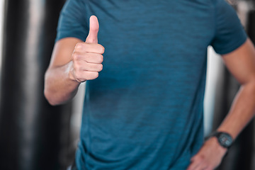 Image showing Fitness, thumbs up and hands in gym for success, motivation and workout. Training, hand gesture and man or male athlete with emoji for yes, like or approval, agreement or ok, exercise goals or target