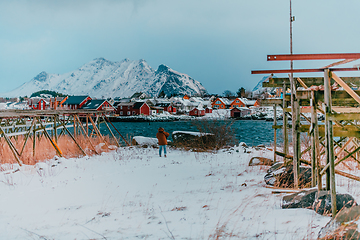 Image showing Traditional Norwegian fisherman's cabins and boats