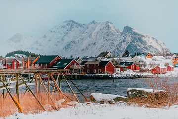 Image showing Traditional Norwegian fisherman's cabins and boats