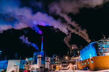 Image showing Night photograph of the largest paper production industry in Scandinavia