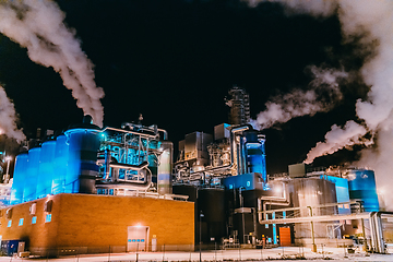 Image showing Night photograph of the largest paper production industry in Scandinavia