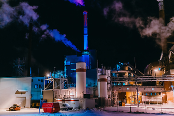 Image showing Night photograph of the largest paper production industry in Scandinavia