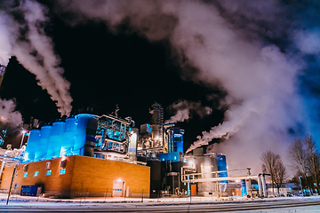 Image showing Night photograph of the largest paper production industry in Scandinavia