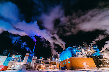 Image showing Night photograph of the largest paper production industry in Scandinavia