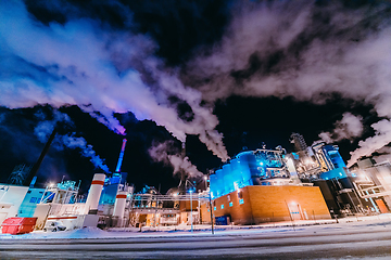 Image showing Night photograph of the largest paper production industry in Scandinavia