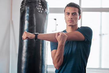 Image showing Serious, stretching arm and man in gym ready to start workout, training or exercise. Sports fitness, thinking and young male athlete warm up, stretch arms or prepare for exercising for flexibility.