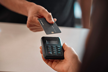 Image showing Credit card, hands and payment machine for shopping, purchase or sales at shop. Fintech transaction, finance and man or customer with pos technology for buying, digital banking or paying in store.