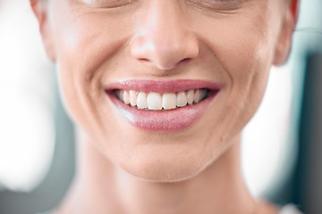 Image showing Woman, teeth and smile for dental care, surgery or healthcare hygiene and healthy wellness. Closeup of happy female face and mouth smiling for tooth whitening, oral or dentist treatment and grooming