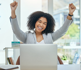 Image showing Business woman, laptop and celebration success for financial bonus, achievement or investment growth target. Smile, happy and winner corporate worker with technology, cheering hands or banking profit