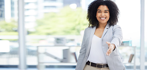 Image showing Happy woman, business or handshake in job interview, hr recruitment or human resources introduction in corporate office space. Smile, collaboration or shaking hands in partnership with hiring manager