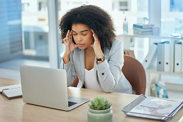 Image showing Business woman, laptop or stress headache in financial planning failure, crisis or investment fraud. Frustration, annoyed or migraine for corporate worker on technology, finance scam or phishing risk