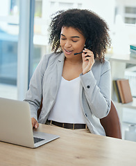 Image showing Talking woman, laptop or happy in call center, customer support or CRM consulting on contact us office. Smile, speaking or business receptionist on headset technology in communication, help or advice