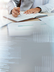 Image showing Notebook writing, hands or hologram code for financial growth, investment management or fintech software planning. Coding, abstract or data analytics overlay for worker woman on accounting database