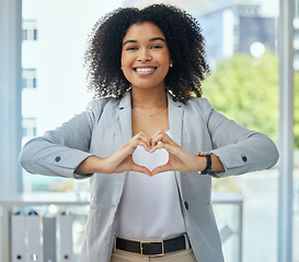 Image showing Happy business woman, portrait and heart hands in customer care, client support or leadership trust. Smile, face or worker with love gesture, sign or emoji symbol for corporate wellness, vote or hope