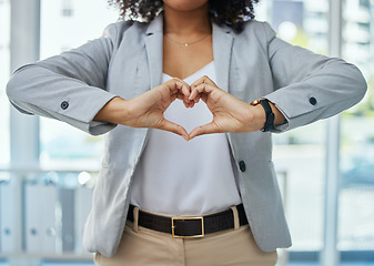 Image showing Business woman, fingers and heart hands for corporate customer care, client support or leadership trust. Worker, employee or hand gesture for love, sign or emoji symbol for wellness, vote or CRM hope