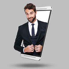 Image showing Businessman, phone and screen on mockup for fashion, advertising or marketing against gray studio background. Portrait of corporate professional salesman smile with suit on mobile smartphone display