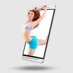 Image showing Woman dancing, phone and screen on mockup for performance, advertising or marketing against studio background. Portrait of professional female broadway dancer or ballet on mobile smartphone display