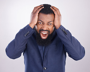 Image showing Screaming, stress and angry black man shouting feeling frustrated isolated in a studio white background. Bad news, problem and crazy or aggressive businessman annoyed with hands on his head