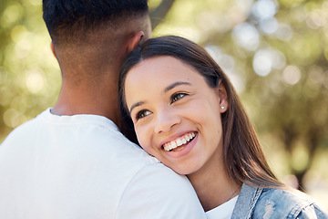 Image showing Smile, hug and shoulder with couple in park for bonding, affectionate and free time. Happiness, romantic date and love with woman hugging man in nature for cuddling, summer break and relationship