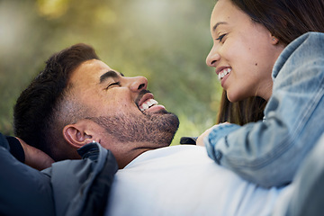 Image showing Couple are happy together, smile and relax outdoor, love and care with trust in relationship and commitment. Happiness, support and freedom with man and woman, romance and partnership with bonding