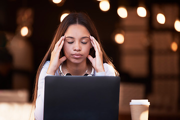 Image showing Stress headache, laptop and cafe woman with burnout from university research, college project mistake or student report. Coffee shop, migraine pain and person with crisis problem at restaurant store