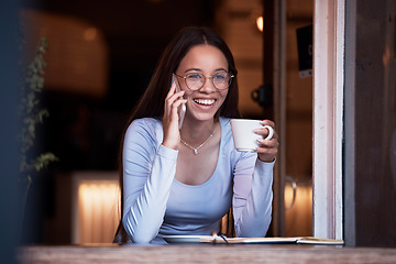 Image showing Phone call communication, laugh and coffee shop woman listen to funny joke from digital contact. Comedy humor, conversation or happy person talking, speaking or chat in restaurant, shop or cafe store