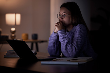 Image showing Home laptop, thinking and night woman contemplating university studying research, college project or essay idea. Education learning, knowledge study and female student problem solving report crisis