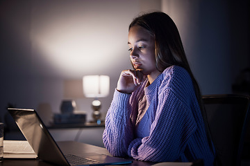 Image showing Remote work laptop, thinking and night woman contemplating university studying research, college project or home idea. Education learning focus, problem solving study and female student reading data