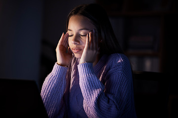 Image showing Mental health, migraine headache and night woman with burnout from university research, college project or report. Education learning, female stress and home remote work student with crisis problem