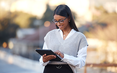 Image showing Woman, tablet and typing in street with smile for texting, social media or chat app at job for digital newspaper. Journalist, content creator and mobile touchscreen for notes, news and idea for story