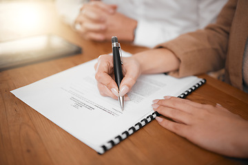 Image showing Business people, hands and signing contract for hiring, interview or legal document in recruitment on desk. Hand of woman writing paperwork or filling form for hire, recruiting process or signature