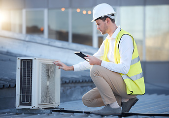 Image showing Man, tablet and air conditioning maintenance on roof with tech, digital analysis and test. Technician, mobile touchscreen and urban rooftop for ac repair at building, industry or development in city