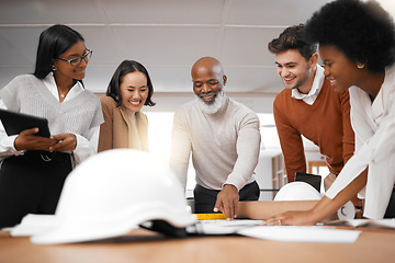 Image showing Architecture, planning or engineering team in meeting for innovation, construction or project development. Blueprint collaboration, goal or happy senior manager with group of women in office building