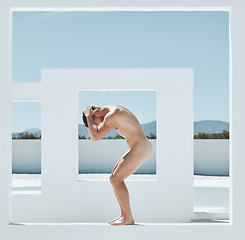 Image showing Man, naked statue and art deco frame of a male in sun posing outdoor for fine and lgbt artwork. Architecture, nude and live greek statues with a person with power and homosexual figure for creativity