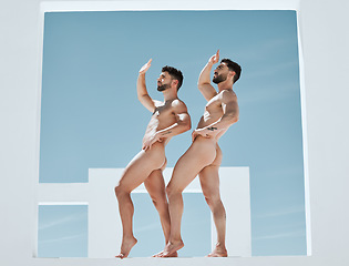 Image showing Art, pose and naked men in blue sky, creative architecture and sun, muscle and male athletic lgbt body. Pride, power and gay couple posing as artistic Greek athlete statue, freedom in self expression